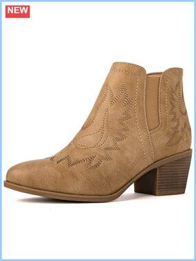 Women's Faux Leather Western Ankle Boots Pull On Low Heel